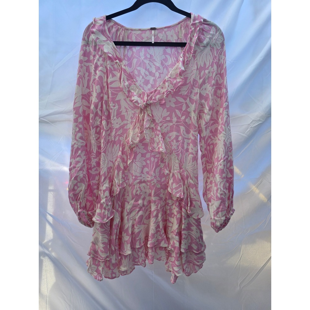 Free People Pink Floral Ruffle Tie Front Mini Dress Long Sleeve XS Boho